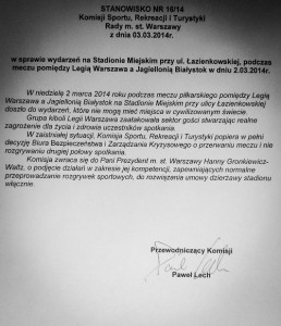 La lettre de la Commission des sports, des loisirs et du tourisme de Varsovie