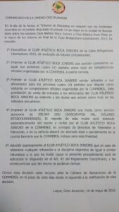 Le communiqué officiel de la CONMEBOL sanctionnant Boca Juniors.